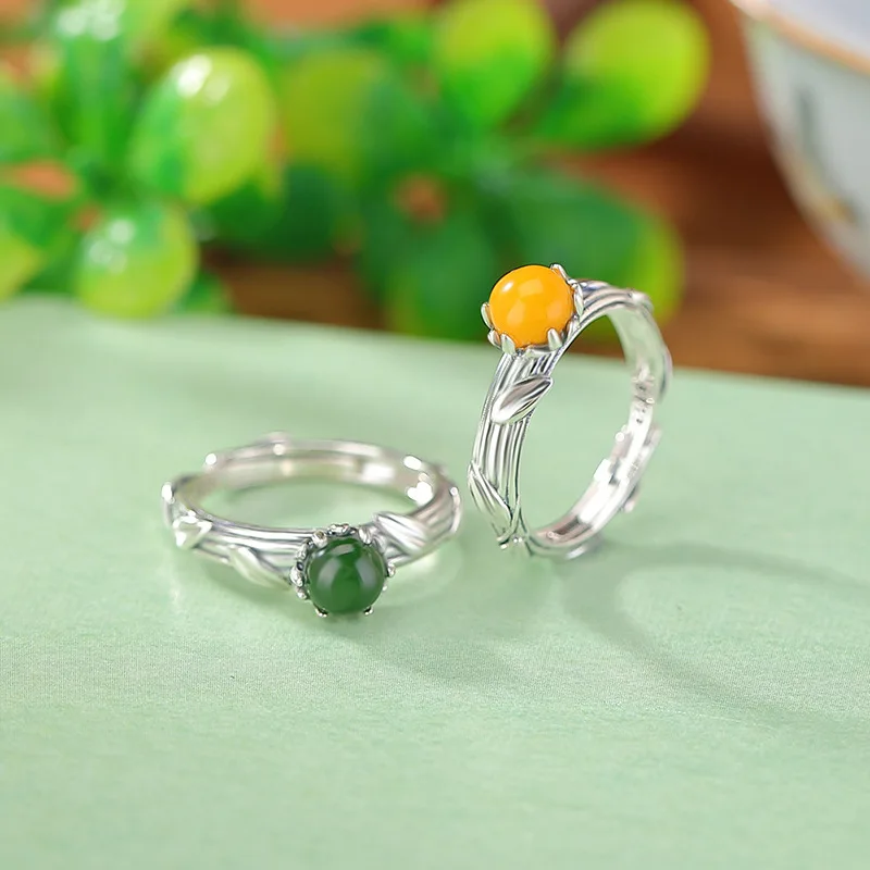 

Hetian Jade Jasper Jewelry S925 Sterling Silver Amber Round Bead Leaf Ring