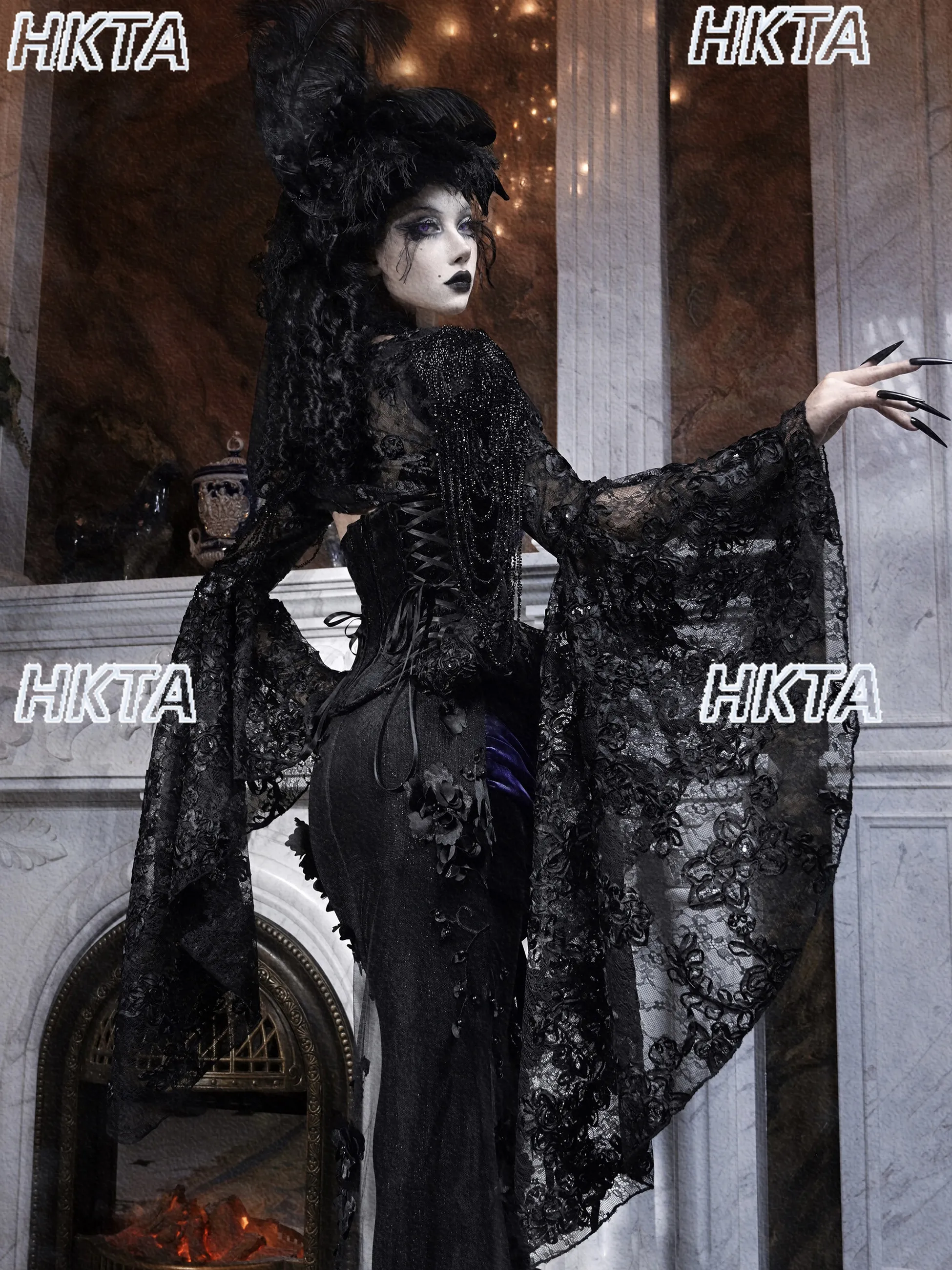 Gothic Black Gorgeous Elegant Lace Flower Embroidery Beaded Shirt Top Subculture Y2k Dark Horn Long Sleeve Black Blouse Women