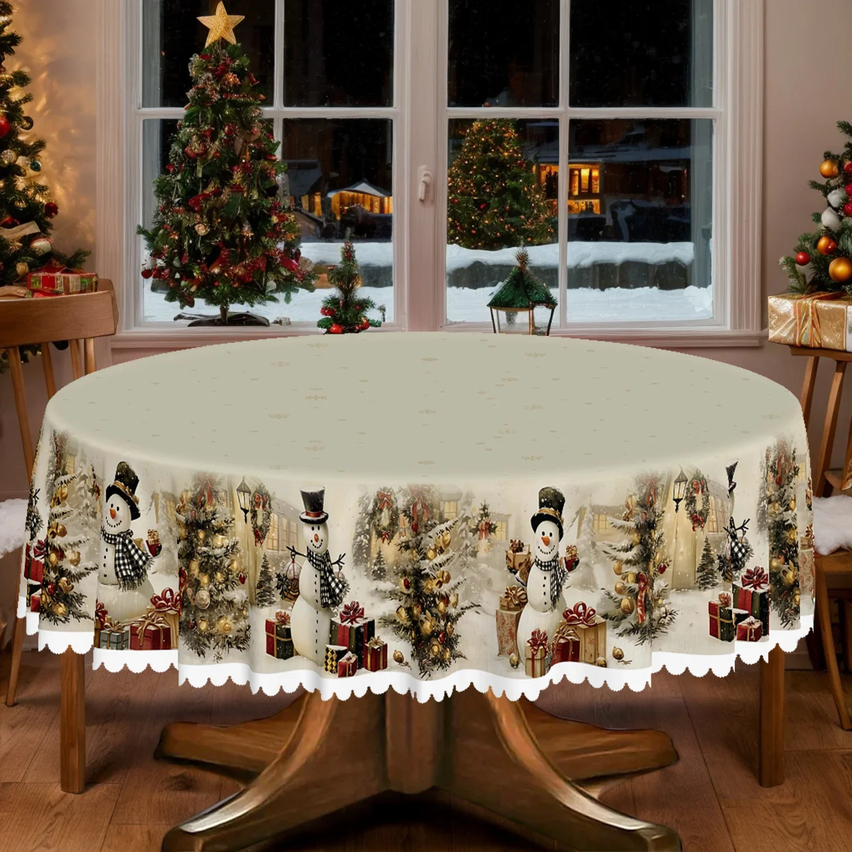 1 piece, Christmas themed tablecloth, Christmas tree snowman winter snow tablecloth, edge embossing process