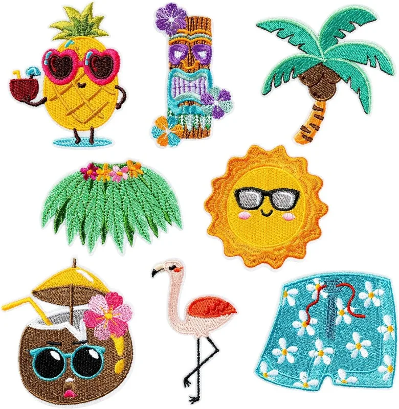 8 Pcs Hawaiian Embroidered Patches Applique Luau Tiki Flamingo Pineapple Iron on Repair Patch Gifts for Clothing Backpack Hat