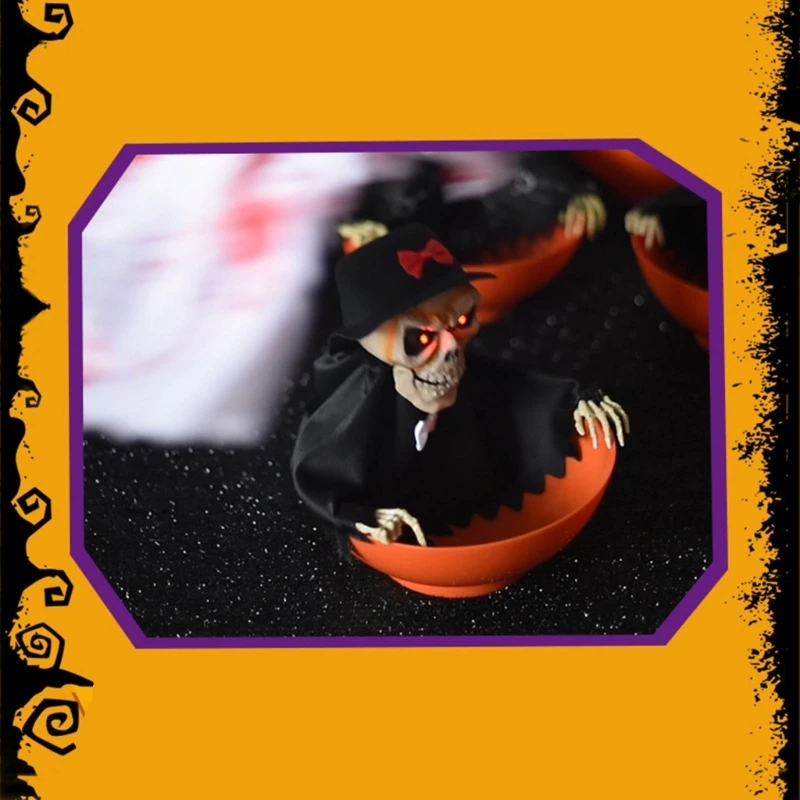 KX4B Spooky Skeleton Candy Holder ชามขนมที่มีดวงตาสีแดงสว่างขึ้นและชิ้นส่วนที่เคลื่อนไหวสำหรับการตกแต่งวันฮาโลวีน
