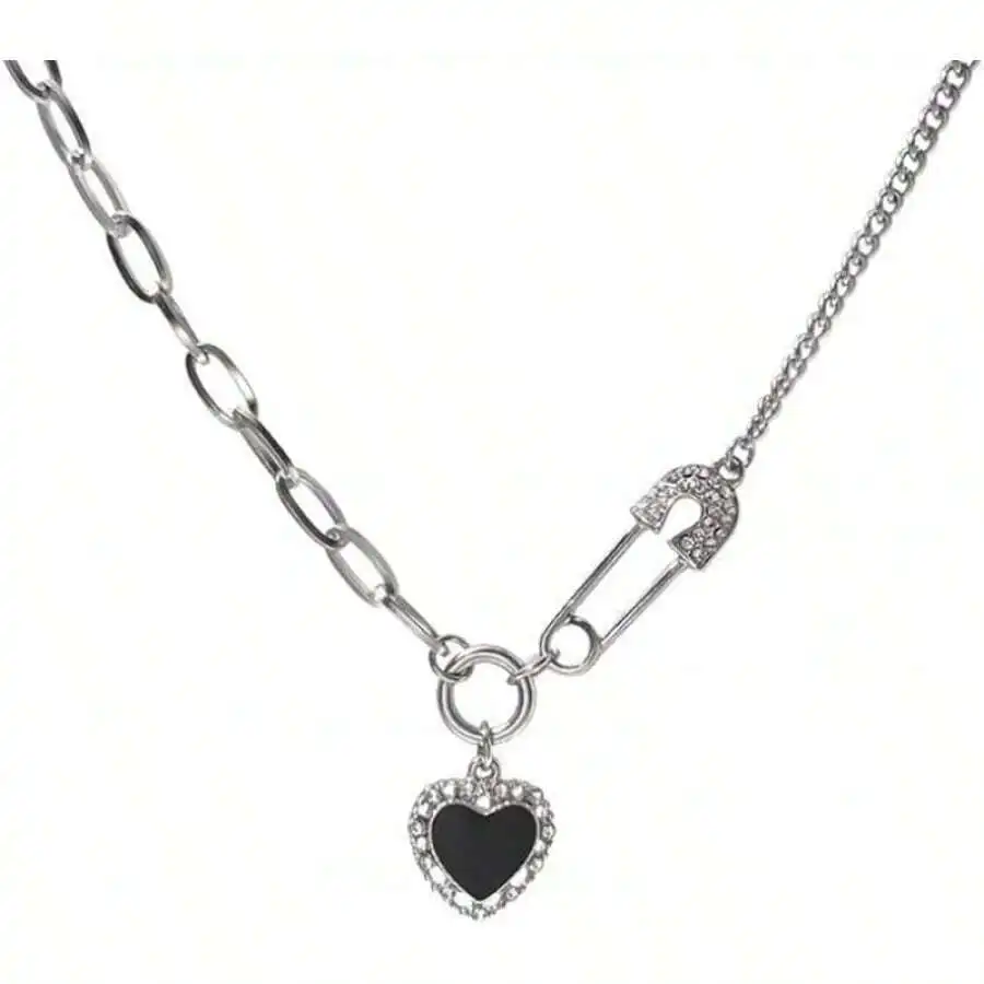 

Silver Safety Pin Necklace with Black Heart Charm and Cubic Zirconia Accents