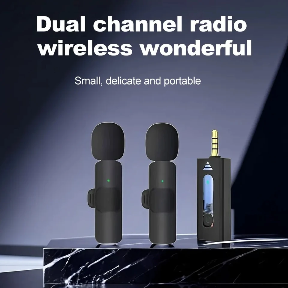 Micrófono de solapa inalámbrico profesional Bluetooth doble con botón para iPhone Android celular PC 3