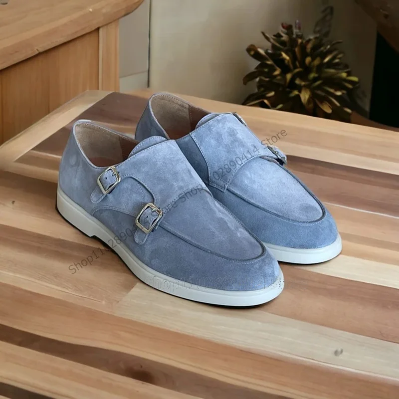 Sky Blue Buckle Decor Double Monk Men Sneakers Fashion Slip On Men Shoes Comfort Handmade Party Banquet Office Men Casual Shoes