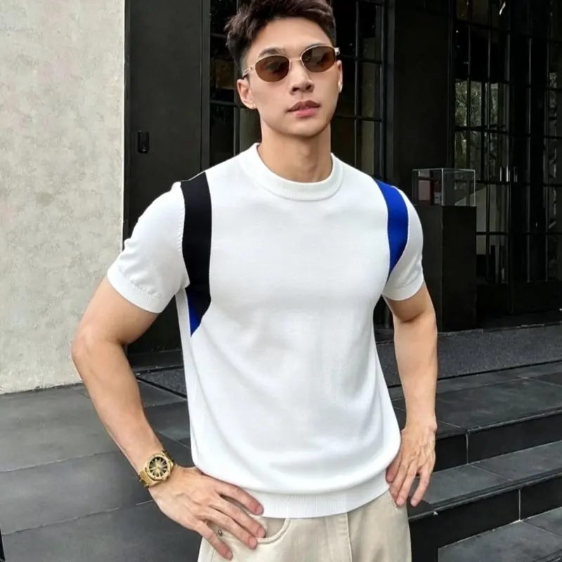 

High Quality Summer Ice Silk Round Neck Spliced Knitted T-shirt for Men Loose Short Sleeve Casual Business T-shirts Streetwear