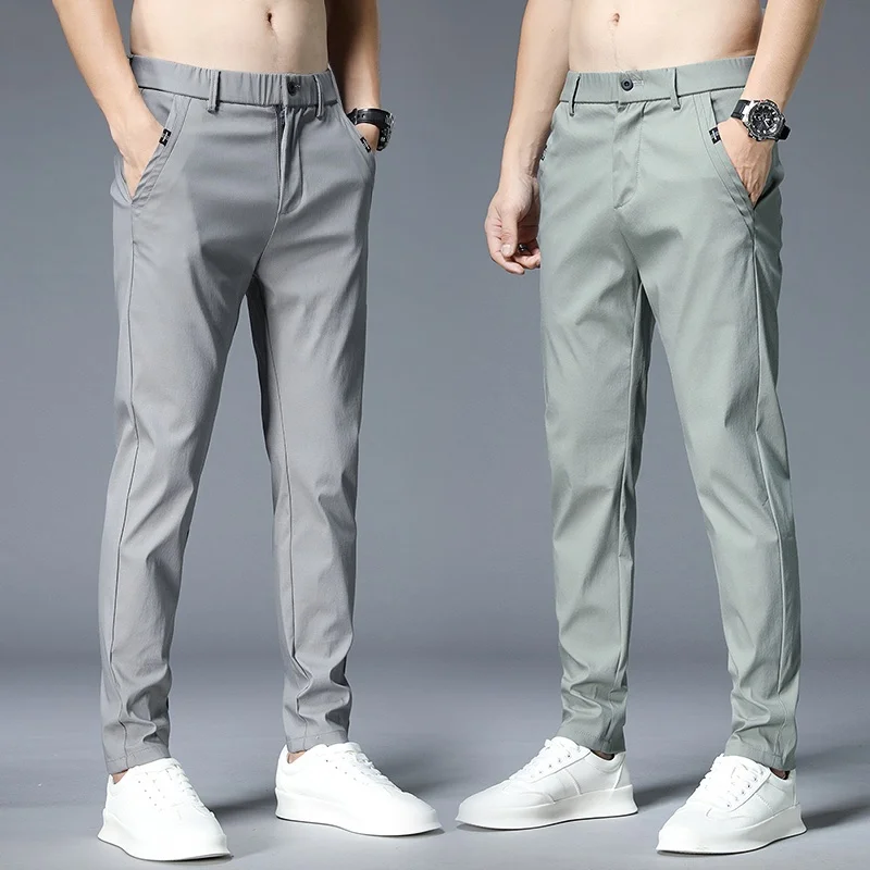 Men's Summer Light Pants Trends 2024 Style Classic Dress Trouser Husband Straight Elastic Waist Band Black Gray Casual Pant Male