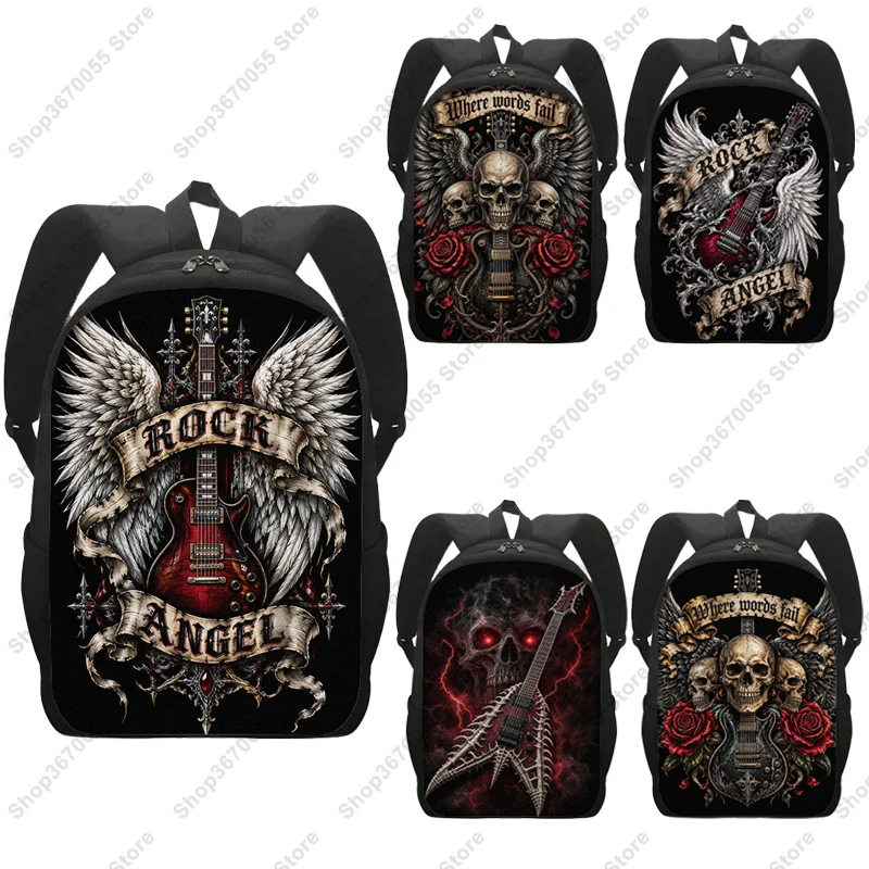 Rock Skull Guitar Angle Wing Graphic Backpack Death Heavy Metal Women Men Travel Bags Student School Bags for Teenager Bookbag