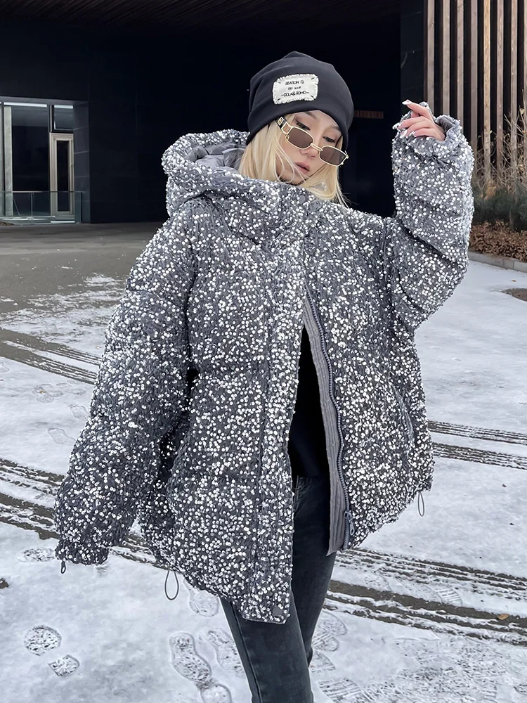 

Элитная женская пуховая куртка средней длины с пайетками, оригинальный дизайн, зимняя, модная, прямого кроя, с длинными рукавами
