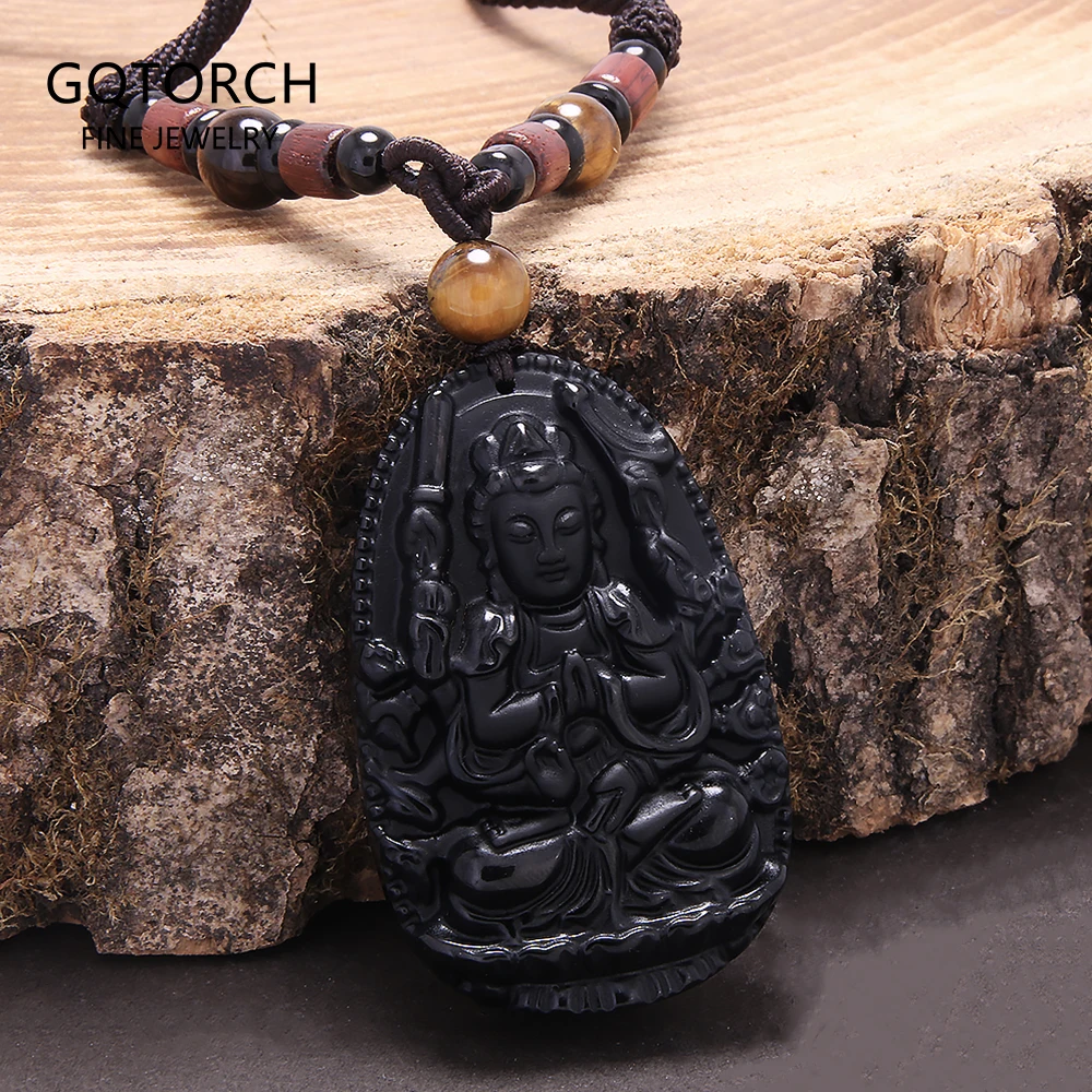 

Natural Black Obsidian Pendant Necklace for Men Women Buddha Engraved Chinese Zodiac Talisman Brown Rope Buddhist Jewelry