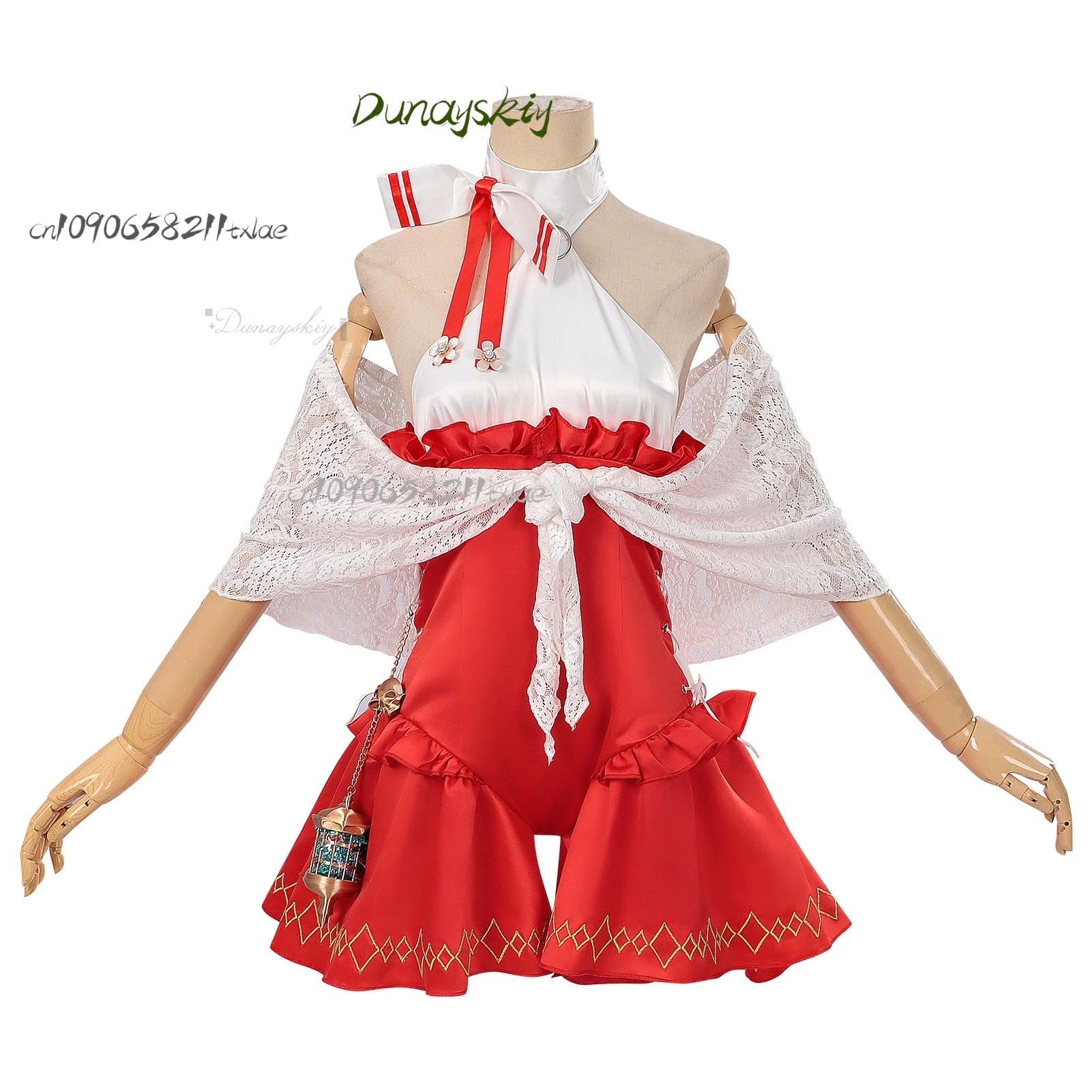 لعبة Fgggo Ereshkigalll أزياء تنكرية طلب فستان أحمر دانتيل شال شعر مستعار ذهبي مجموعة كاملة بدلة حفلة الهالوين كرنفال