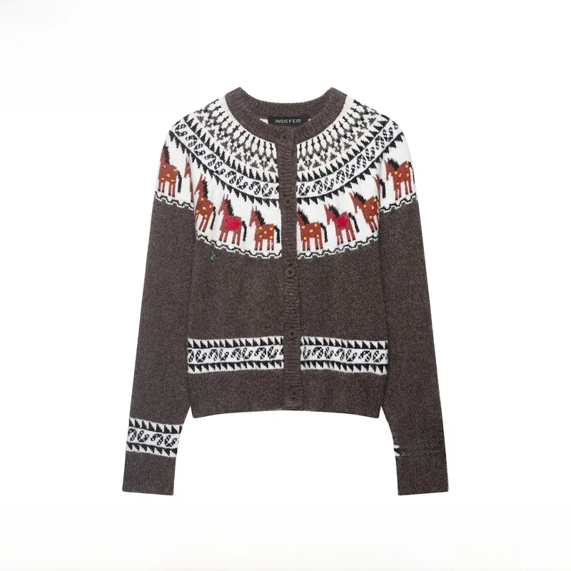 

EVEA New Women's Faion Knitted Floral Pattern All-Match Outerwear Polyester Fiber Long Sve round Ne Single Button Closure