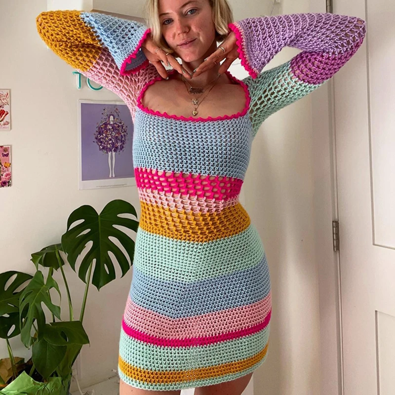 

Gaono Colorful Patchwork Hollow Out Crochet Mini Dress Chic Women Long Sleeve 90s Vintage Aesthetic Knitted Dress Y2K Fairycore