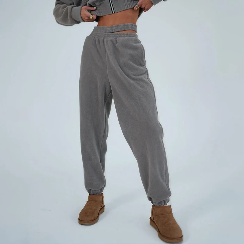 OMSJ Sporty Two Piece Fleece Tracksuit Women Zipper Stand Collar Long-sleeved Cropped Jacket+High Waist Hollow Sweatpants Street