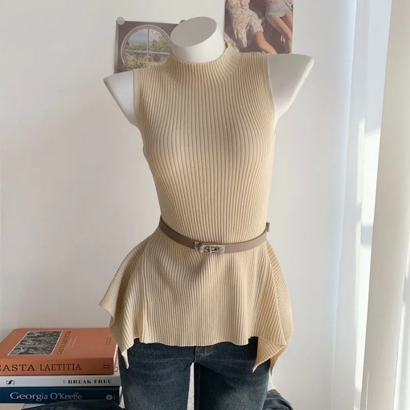 

Fashion Sashes Ruffles Women's Vintage Knitted Tanks Summer New Elegant Slim Elastic Solid Color Commute Tops