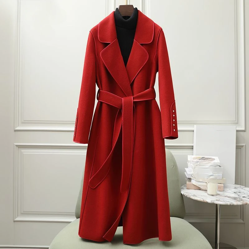 2024 Winter Fall Wine Red Camel Beige High Waisted Suit Collar Woolen Trench Coat , Woman Wool Trench Coats