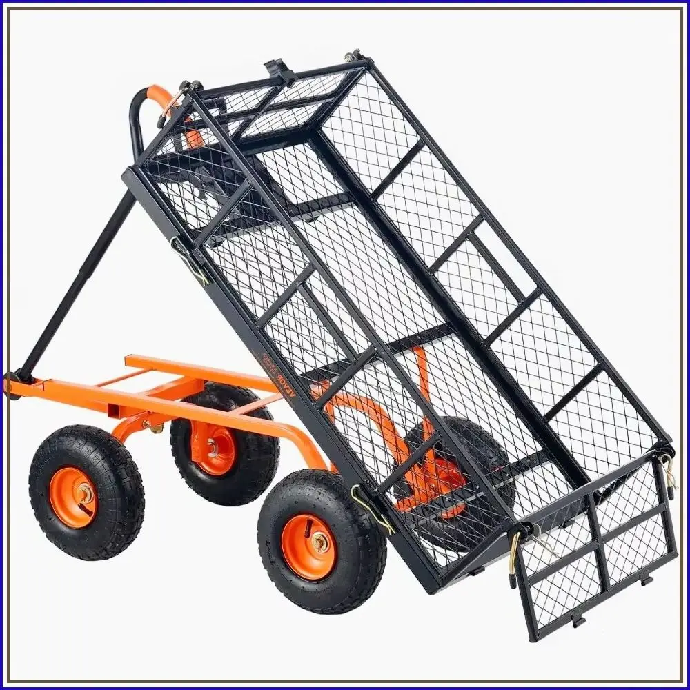 Heavy Duty Steel Dump Cart 880 Lbs Utility Wagon with Removable Sides 10 Inch Tires for Yard Work