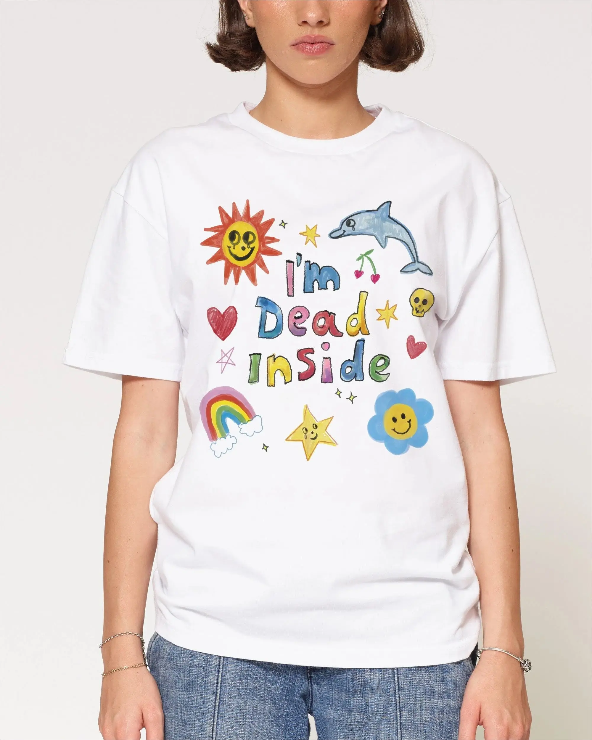 Fashion Y2k Tops I'm Dead Inside T-Shirt Cute Doodle Graphic Tee Colorful Happy Sad Streetwear Casual Loose Oversized Top Unisec