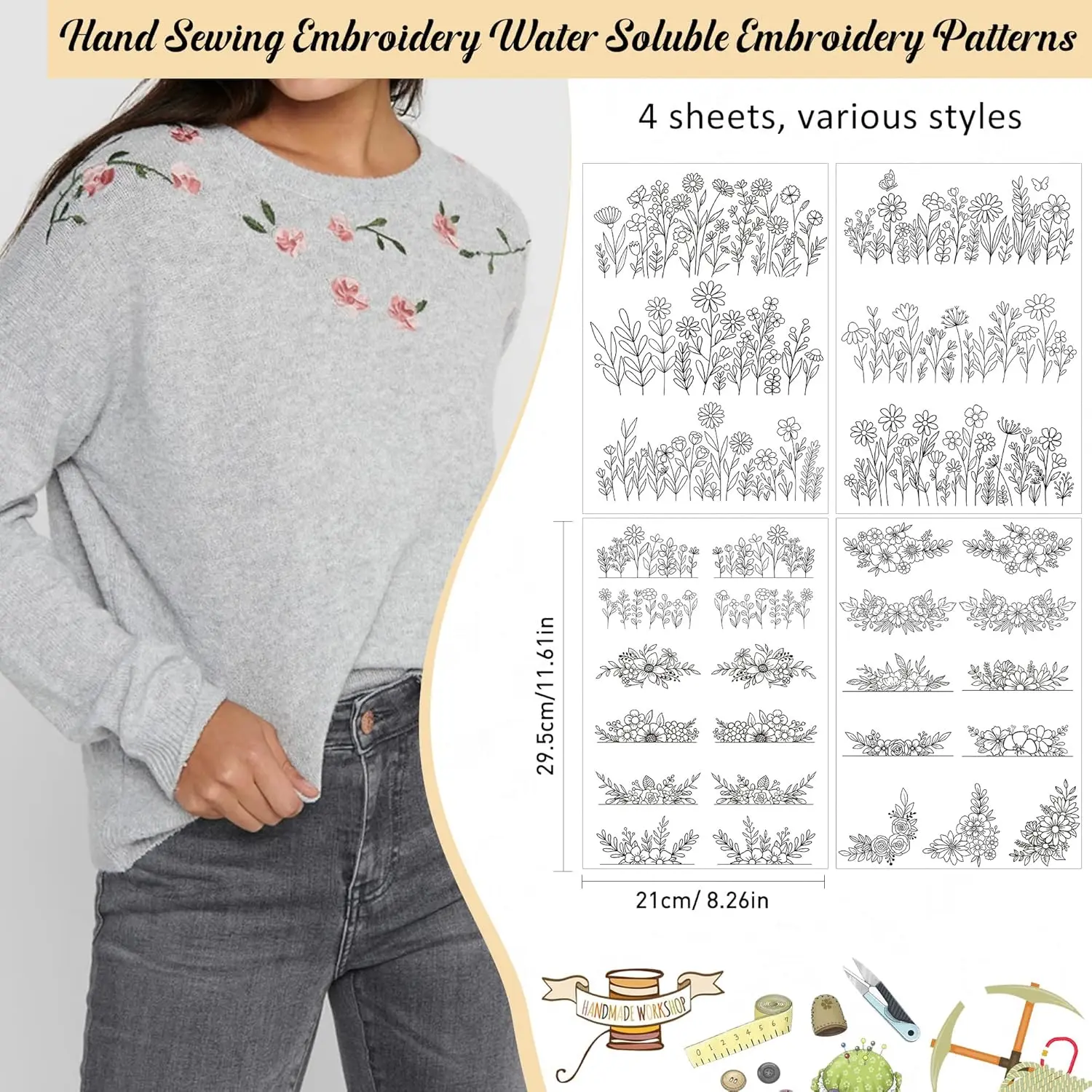 Floral Stick And Stitch Embroidery Transfer Paper Water‑Soluble Wash Away Stabilizer Wildflower Border Patterns for Hand Sew