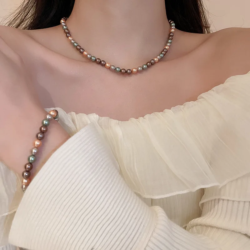 Vintage Mixed Color Pearl Necklace Bracelet Set 2024 New Luxury Style Necklace Fashion Necklace Accessories Wedding Jewelry Set