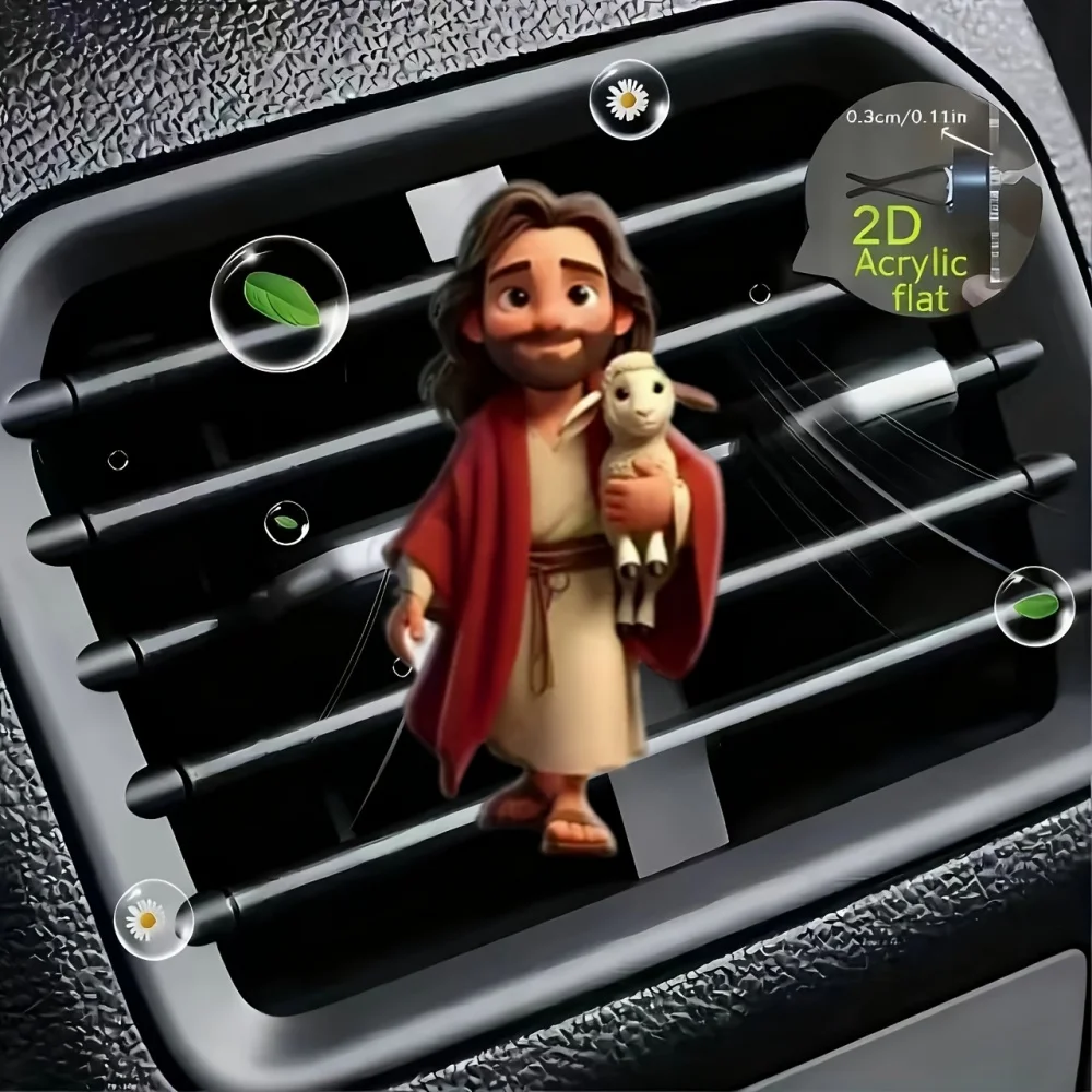Funny Car Air Vent Clip 2D Acrylic Cartoon Jesus Skeleton Ornament Auto Interior Decoration Dashboard Accessory Cool Car Styling