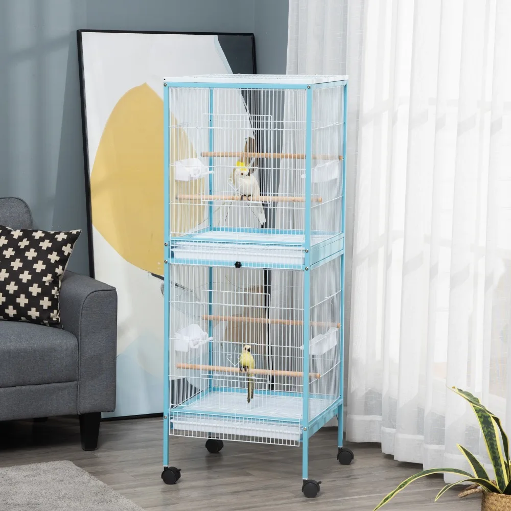 

Light Blue & White Double Bird Cage with Wheels – Expandable Design, 4 Doors & Slide-Out Trays