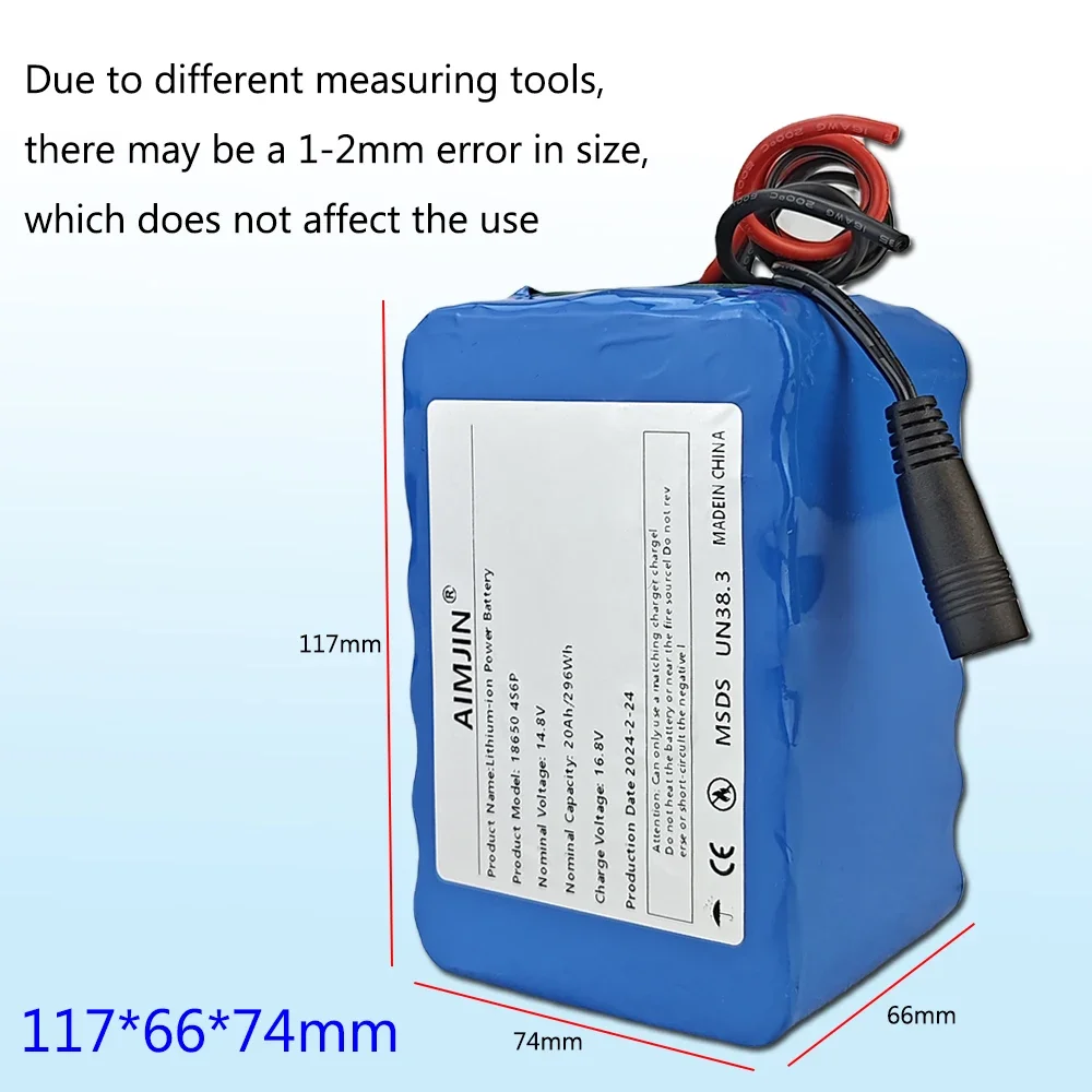 Paquete de batería de iones de litio 18650 4S6P 14,8 V 20Ah, BMS integrado para lámpara de pesca nocturna, calentador, amplificador de minero, reemplazo de batería