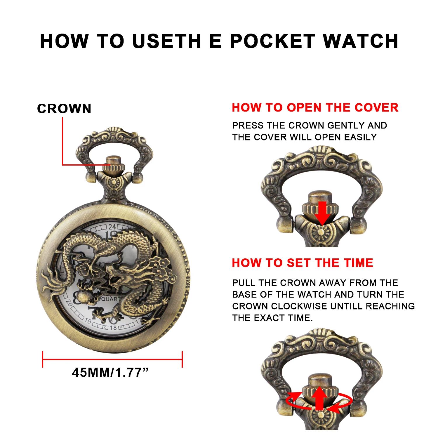 البرونزية التنين الصيني قاذف اللهب الشر التنين كوارتز ساعة الجيب الكلاسيكية الأزياء قلادة ساعة Steampunk للرجال والنساء