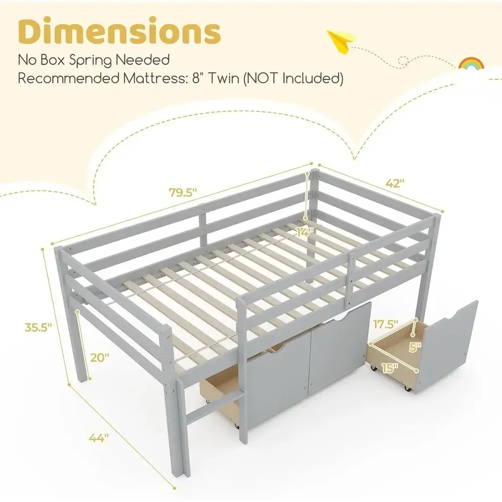 Low Loft Bed with 3 Drawers, Wooden Platform, Safety Rail & Ladder, Suitable for Boys, Girls & Juniors, Grey, No Box Spring Need