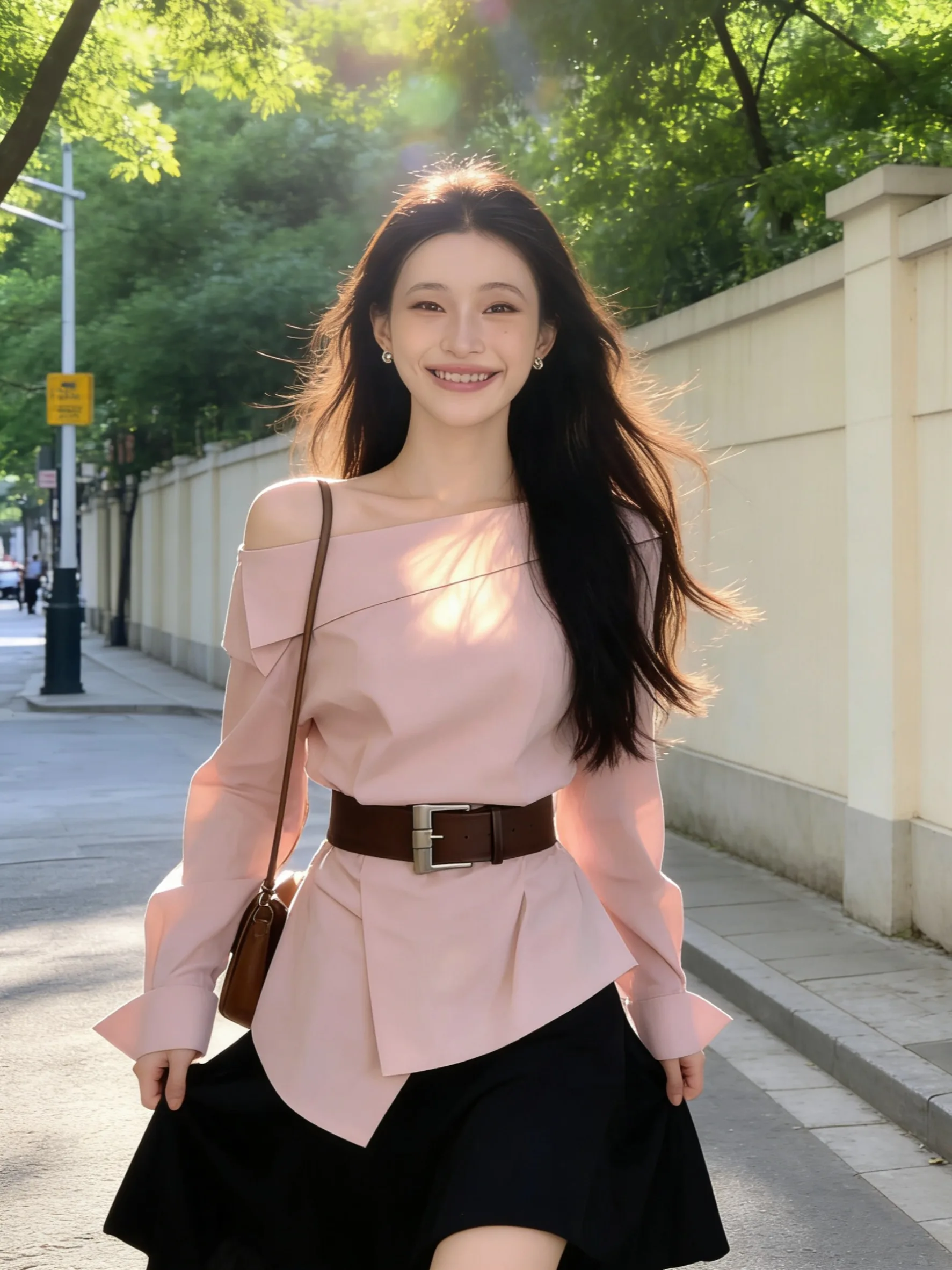 

Pink One-Shoulder Shirt Women's Spring High Waist Belt Slimming Top French Style Loose Fit Long Sleeve Breathable Cotton Blend