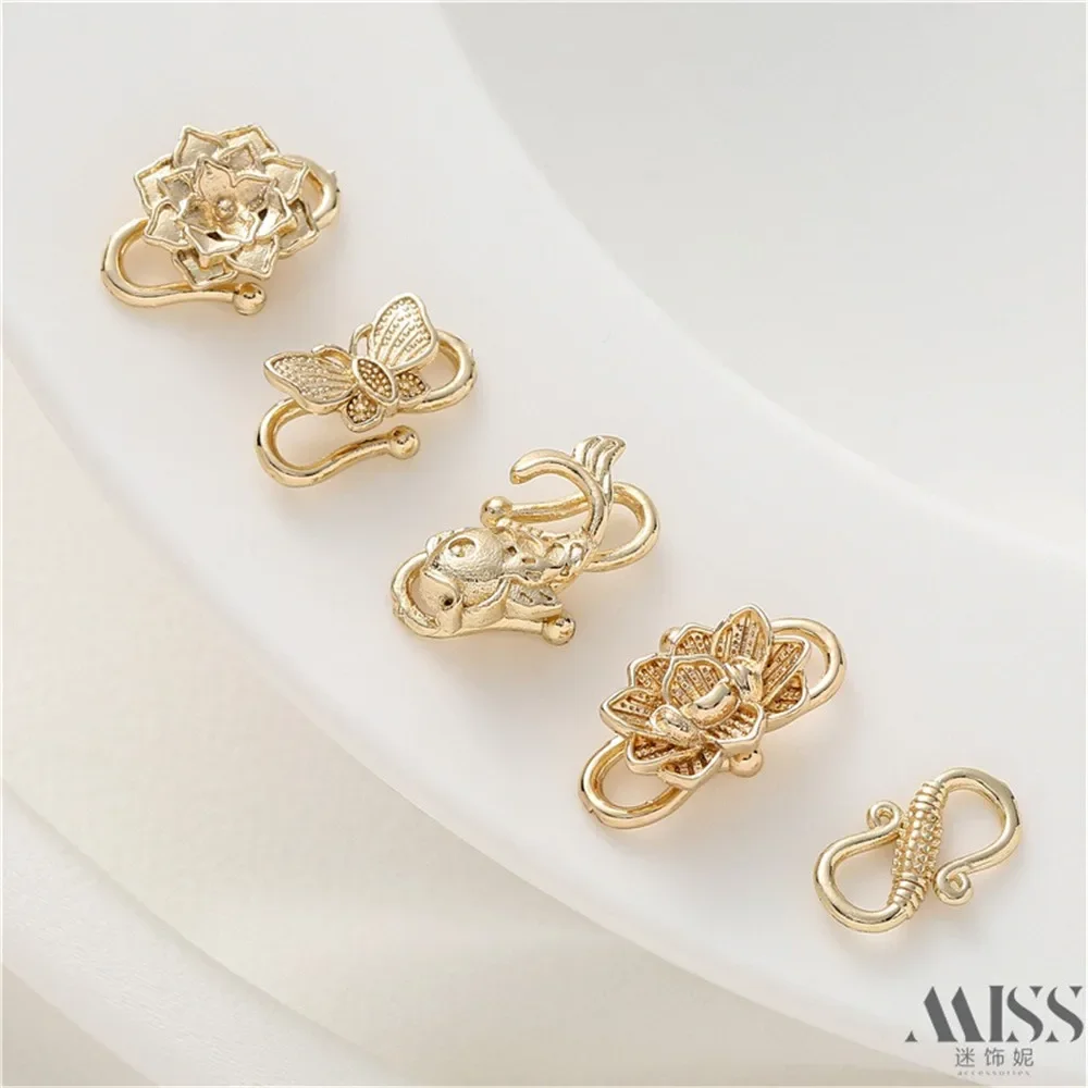 14K Gold Bag Color Carp Lotus Pod Butterfly Lotus Connection S Button Head DIY Closing Button Bracelet Necklace Accessories
