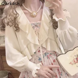 Cardigan beige da donna con volant manica a lanterna elegante da ragazzina ampia autunno dolce design Kawaii francese hipster maglia corta Кардиган