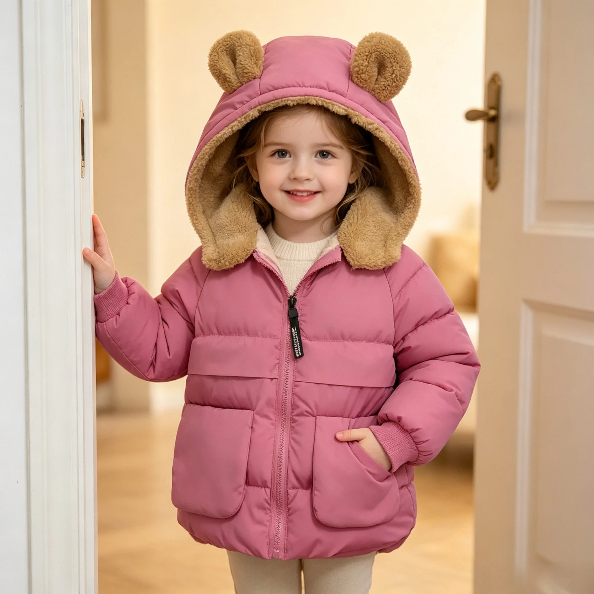 Children Autumn Winter Warm Multi Color Long Sleeve Hooded Outerwear With Cute Lovely Ear Details For Kids Daily Casual Clothing