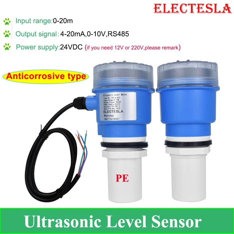 

hydrochloric acid ultrasonic liquid level meter PE probe level gauge sensor 4-20ma pool sewage level meter IP65