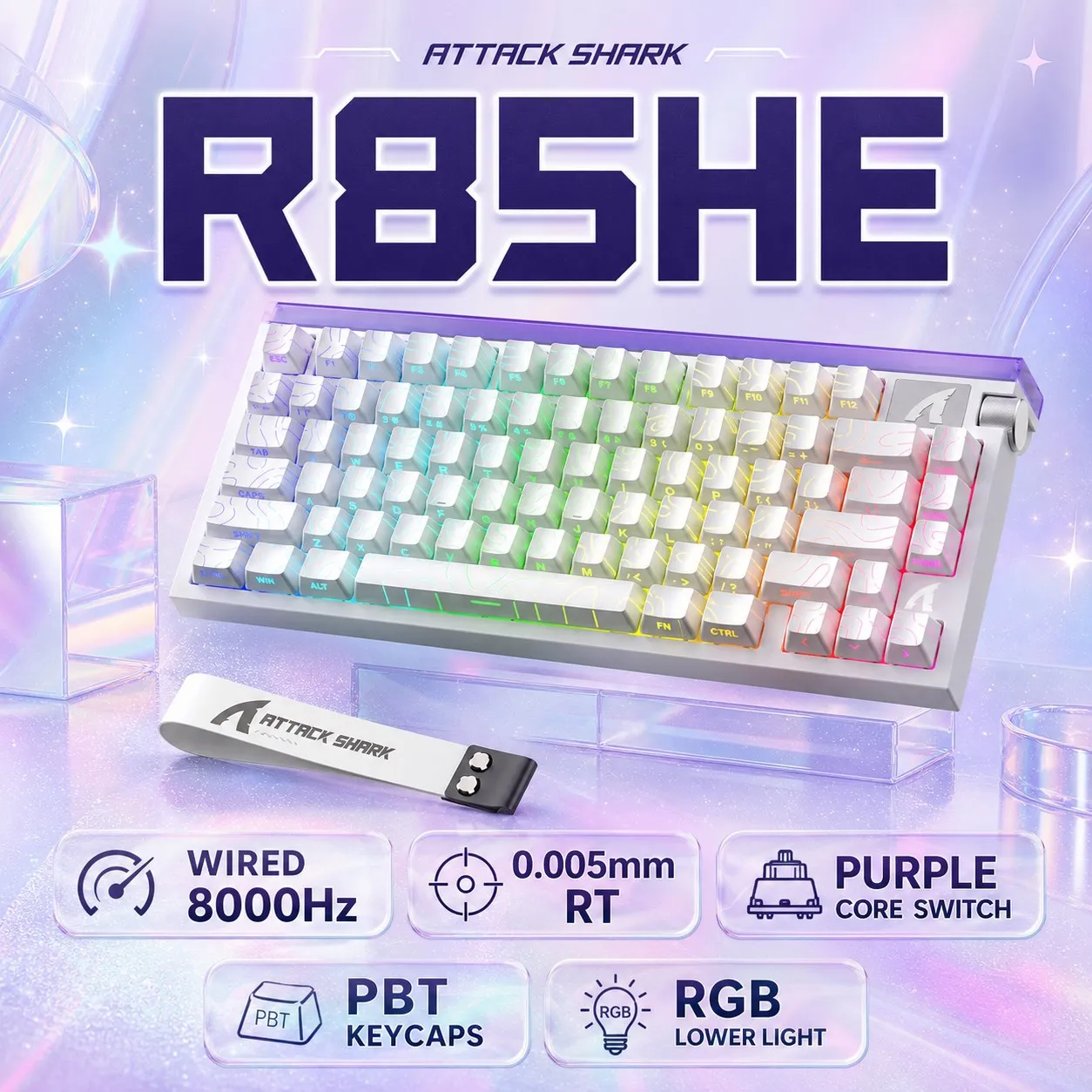 ATTACK SHARK R85HE Wired Mechanical Keyboard Purple Core Switch PBT Keycap 8000HZ Polling Rate RGB Bottom Light 0.005mm RT