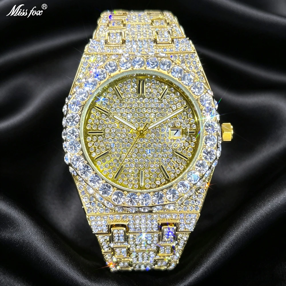Iced Out Hip Hop Men Quartz Watch Gold Calendar Waterproof Bling Diamond Wrist Watch Luxury Male Party Gift Reloj Hombre MISSFOX