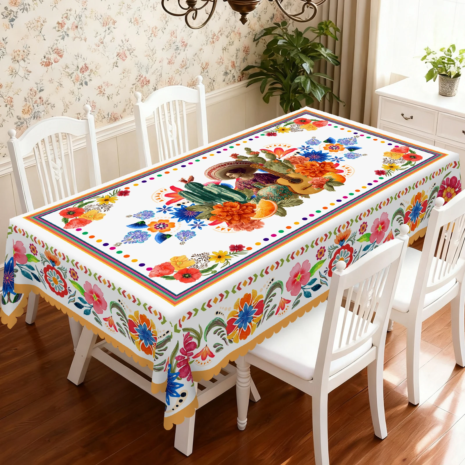Mexican Watercolor Style Ethnic Tablecloth, Straw Hat, Cactus, Vibrant Flowers, Fruit Print Pattern, Exotic Style, Embossed Edges, Waterproof, Wrinkle-Resistant, Fade-Resistant, Round or Rectangular Options Available, Suitable for Spring, Summer, Autumn, and Winter Indoor and Outdoor Table Decoration, Perfect for Home, Kitchen, Dining Room, Terrace, Courtyard Use, Buffet Outdoor Parties and Camping, Perfect Gift Mexico 7