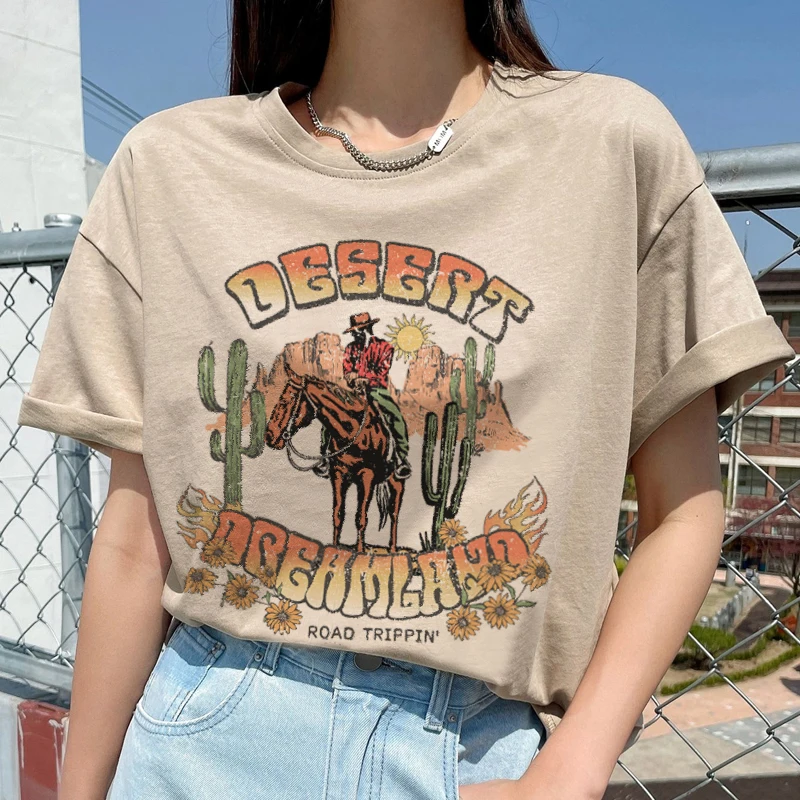 Desert Cactus Women Western T-Shirts Vintage Cowboy Rodeo Tshirts Short Sleeve Loose Hippie Boho Graphic Tees Cowgirl Clothes