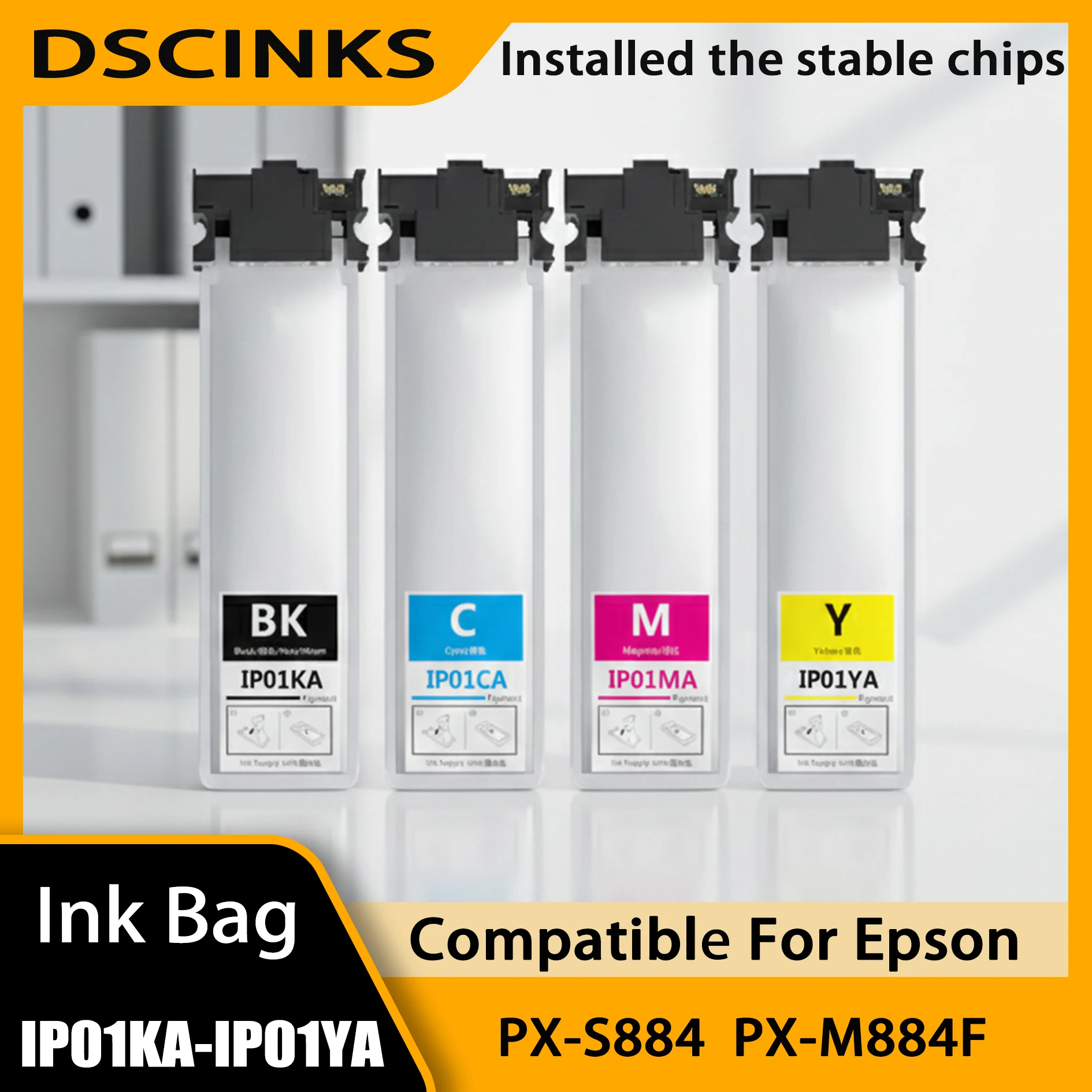 

IP01KA IP01CA IP01MA IP01YA Замена картриджа с чернилами для принтера Epson PX-S884 PX-M884F IP01KA-IP01YA Сумка для чернил с чипом