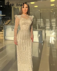 Light Champagne High Neck Pearls Evening Dress Long Sleeve Formal Dinner Party Gowns For Women Wedding Arabic 2025