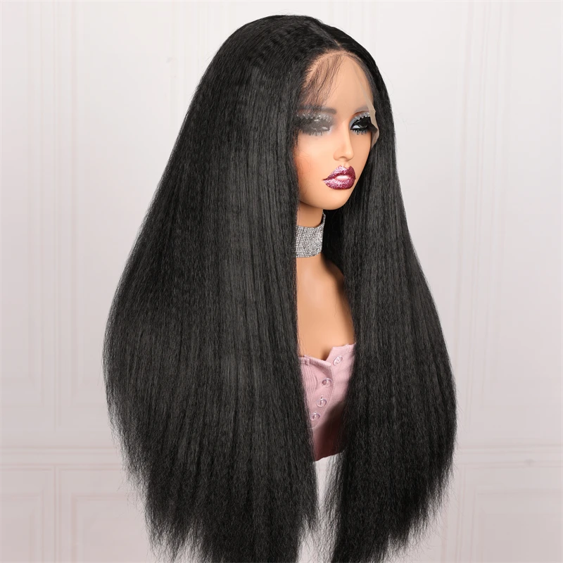 Peruca dianteira do laço reto Kinky para mulheres, cabelo preto do bebê, Yaki macio, glueless, longo, 180 Densidade, pré-arrancadas, resistente ao calor, diariamente, 26"