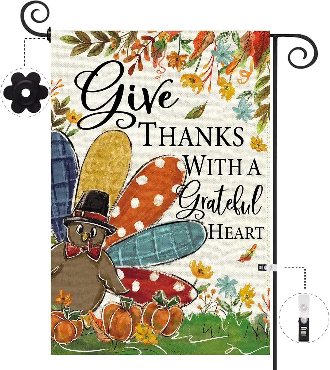Baccessor Thanksgiving Garden Flags, Give Thanks with a Grateful Heart Mini 12x18 Inch Double Sided Burlap Be Thankful Turke KKW
