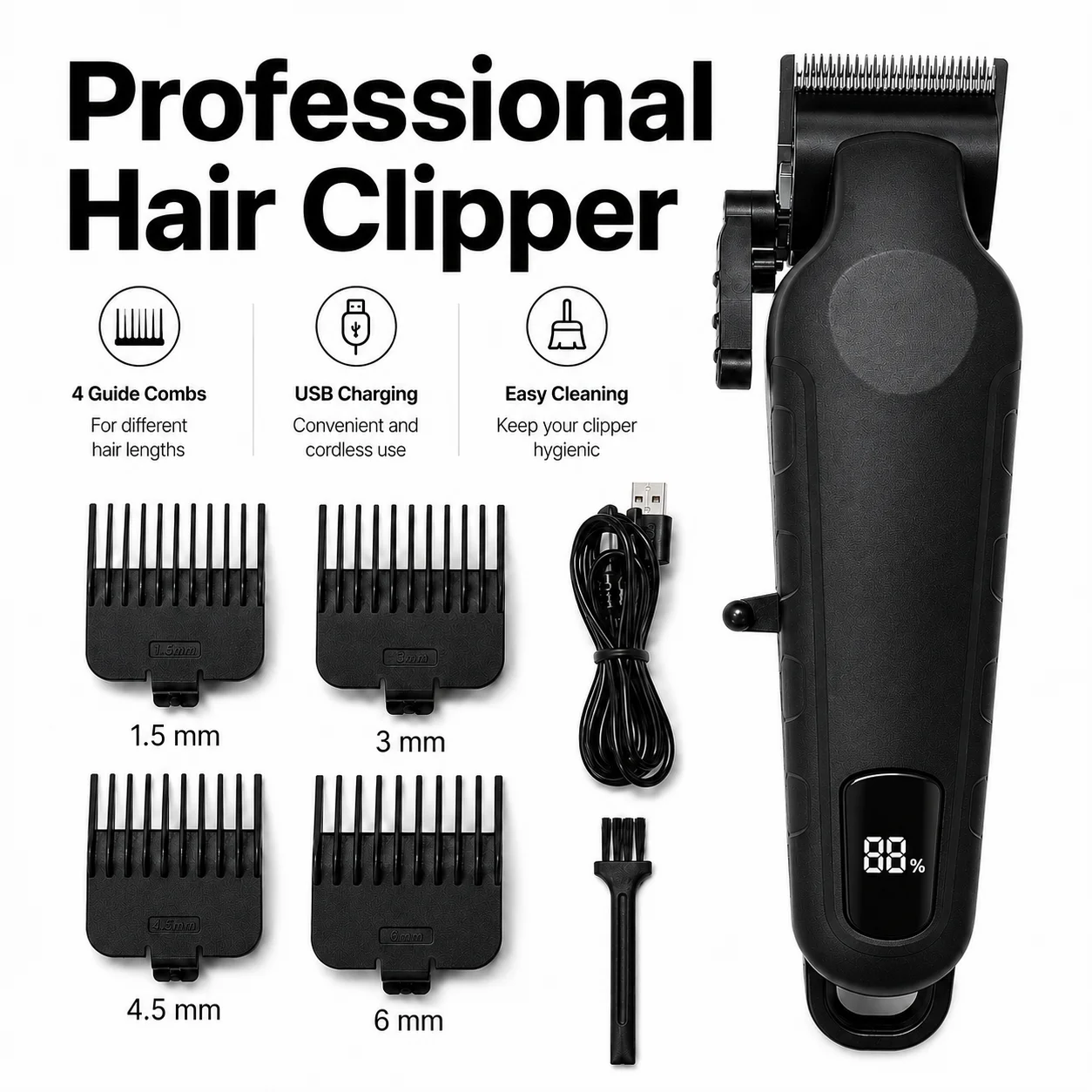 Electric Hair Clipper, Home Self-Service Hair Cutting Tool, Men's Hair Trimmer, Family Hair Clipper, Portable Electric Clipper, Type-C Charging, Led Digital Display of Battery Percentage, Equipped with 4 Guide Combs, 1.5Mm/3Mm/4.5Mm/6Mm Multi-Length Options, Three-Level Blade Adjustment, Easy to Use, Suitable for Daily Hair Trimming for Men and Adults, Easy to Trim Hair at Home