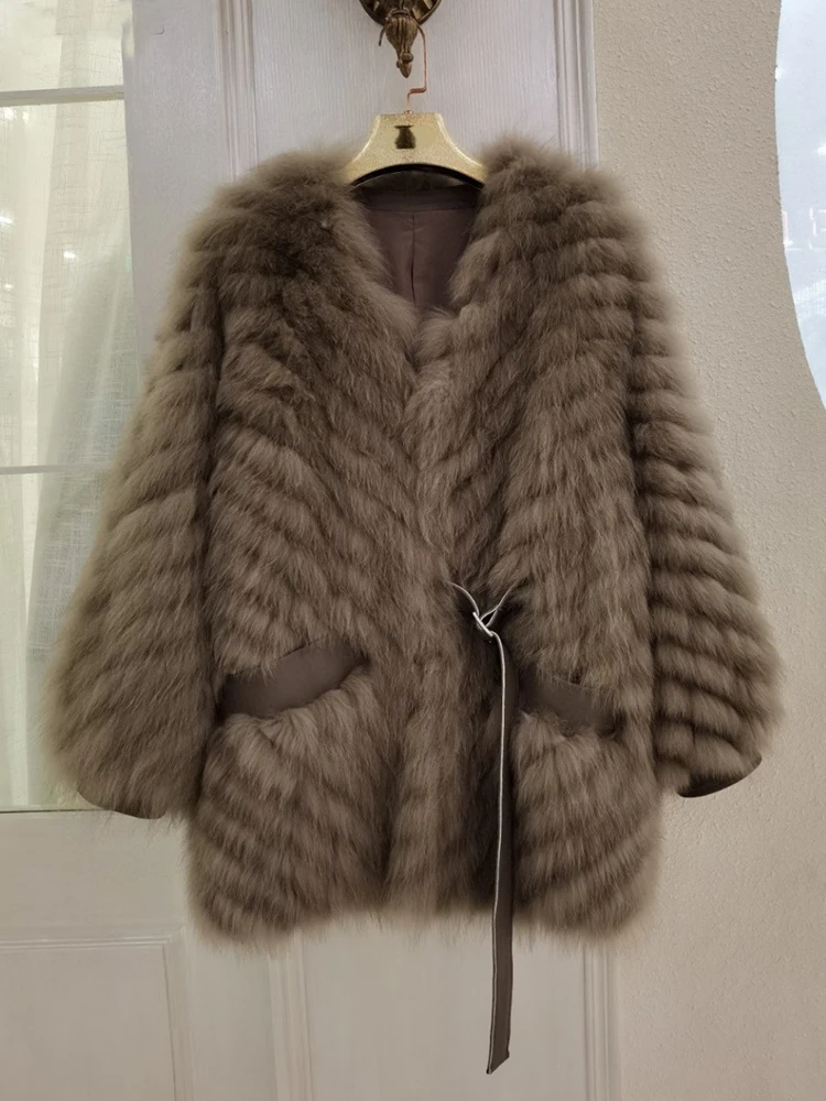 Women Thick Grey Coffee Camel Real Fox Fur Strip Sewed Toghter Oversize Loose Winter Long Real Fox Fur Overcoat