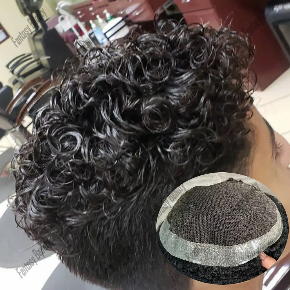 Australian 20mm Curly Toupee Men Wigs Breathable Lace&PU Base 100% Human Hair System Prosthesis Male Natural Hairline Wigs