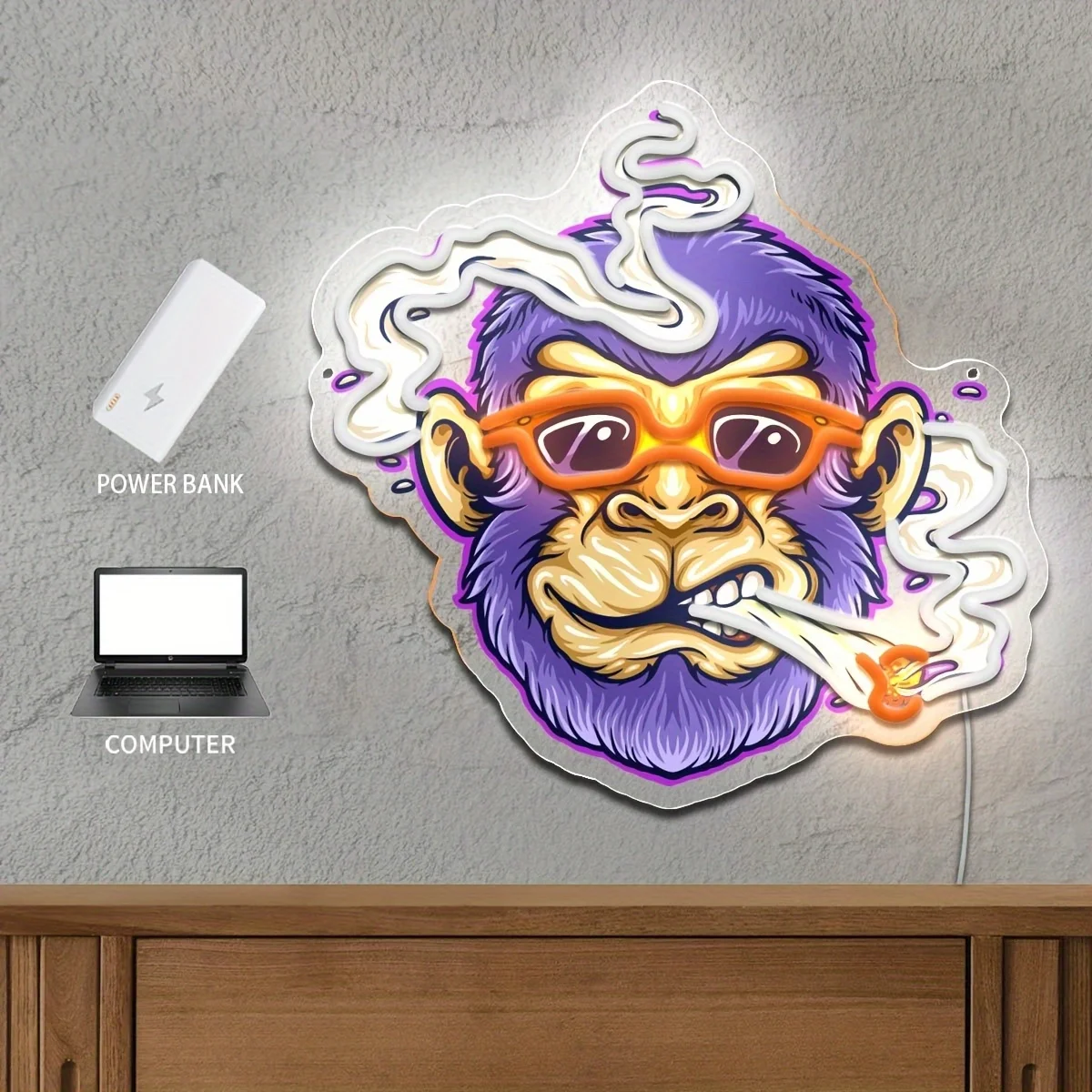 Funky Purple Monkey Neonschild mit Sonnenbrille und Raucheffekt, coole LED-Wandkunst für Bar, Spielzimmer, Heimdekoration, einzigartiges Geschenk