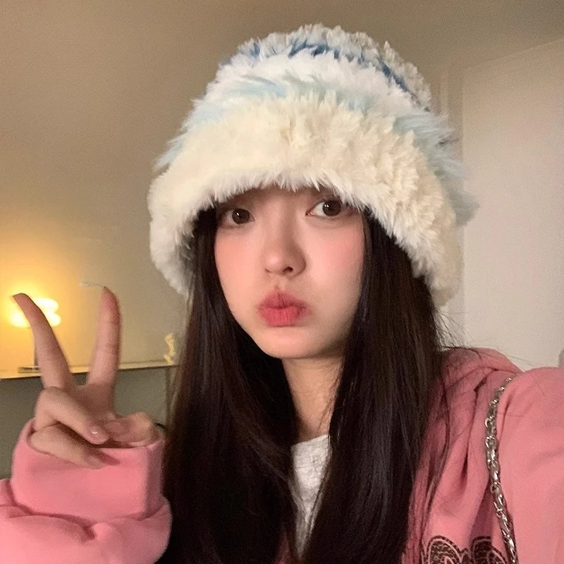 

Thick Plush Knitted Hat for Women, Autumn and Winter Warm Ear Protection Cute and Versatile Striped Hats