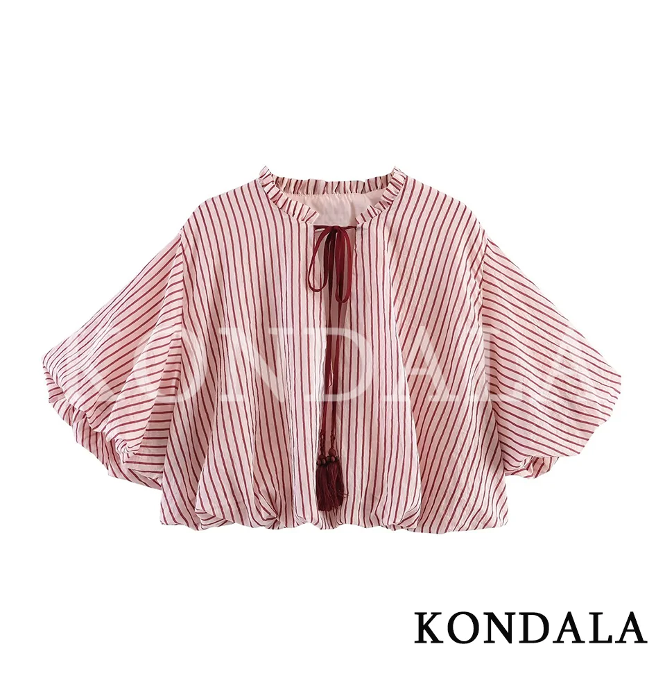 

Women Elegant Leisure Striped Lace-up Shirt KONDALA 2026 Summer Trendy Holiday Loose Shirt Female Chic Bubble Short Sleeve Tops