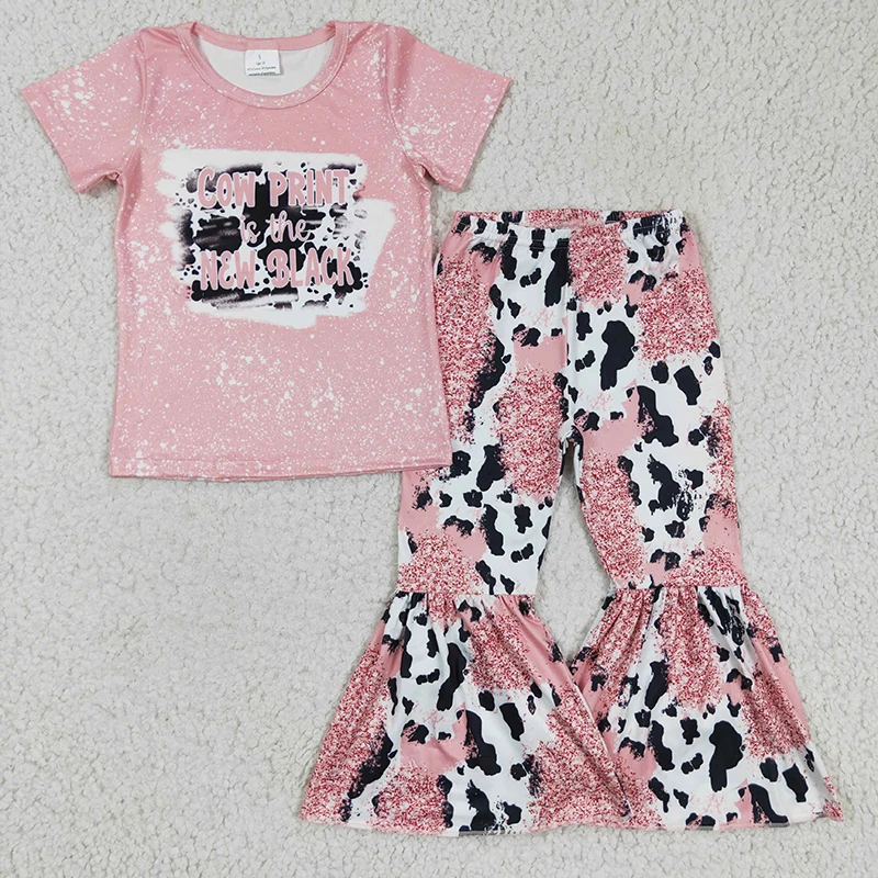 Toddler Western Outfit Baby Girl Short Sleeves Pink Tee Shirt Cow Print Bell Bottom Pants Wholesale Children Kids Set Clothes