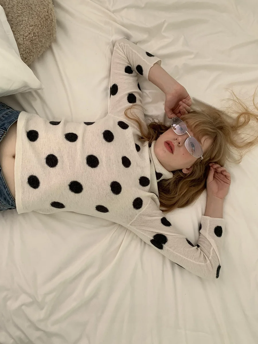 

DKZ 00% шерстяной длинный вязаный свитер в горошек, облегающий повседневный свитер с высоким воротником, осень-зима, Новое поступление для женщин