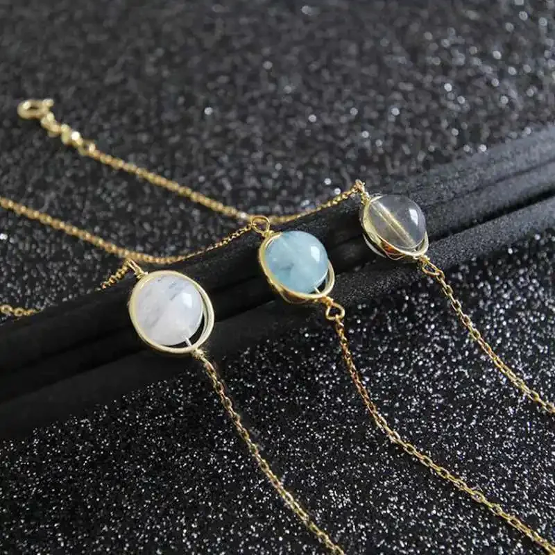 Natural White/Gray Moonstone Aquamarine Bracelets Gold Chain Link 925 Sterling Silver Bracelet for Women Girls Jewelry YBR040